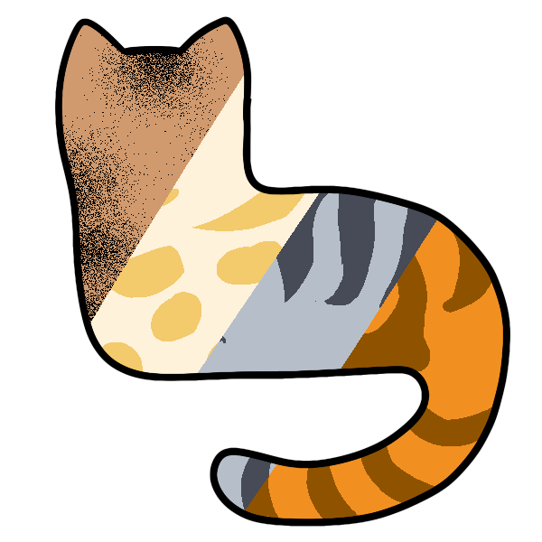 silhouette of a cat lying down with its head up and tail curved below. it's divided into four parts: a brown ticked tabby, a cream spotted tabby, a gray mackerel tabby and an orange classic tabby